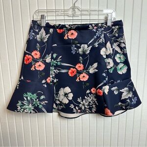 Zara Navy Floral flare-hem Skirt